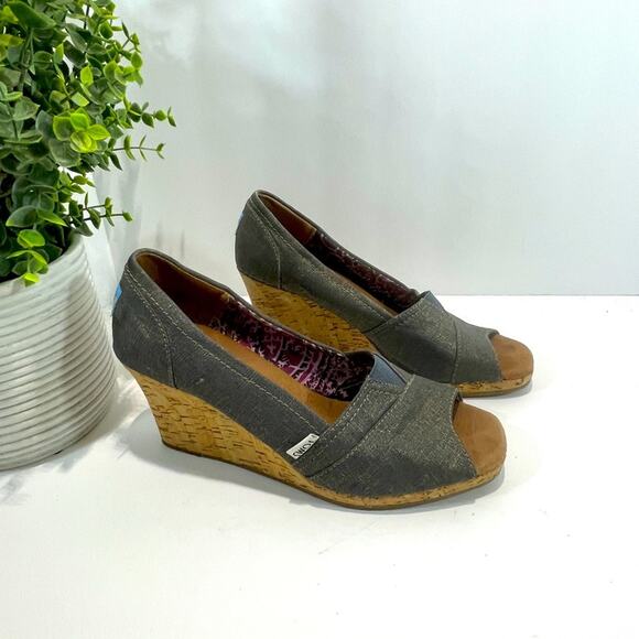 Toms Wedge Sandals Peep Toe Corklike Heel Blue Jean Women’s Shoes Size 9 1/2 - Picture 3 of 15